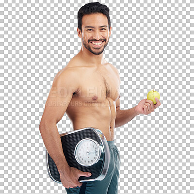 Buy stock photo Fitness portrait, apple and man with scale isolated on transparent png background for lose weight or diet. Green fruit, nutrition and healthy food of asian person or model for body goals and training