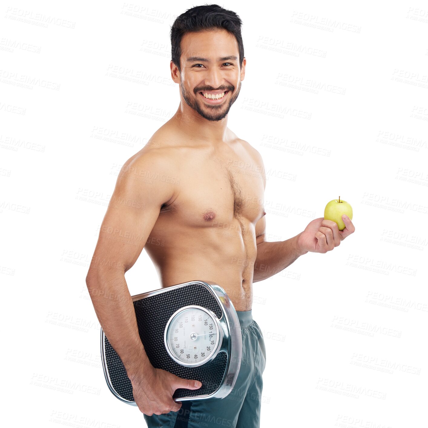 Buy stock photo Fitness portrait, apple and man with scale isolated on transparent png background for lose weight or diet. Green fruit, nutrition and healthy food of asian person or model for body goals and training