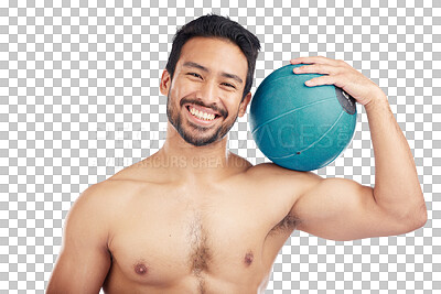 Buy stock photo Fitness, medicine ball and portrait of a man for exercise with smile for wellness, muscle and training. Asian male bodybuilder workout for health or sports isolated on a transparent, png background