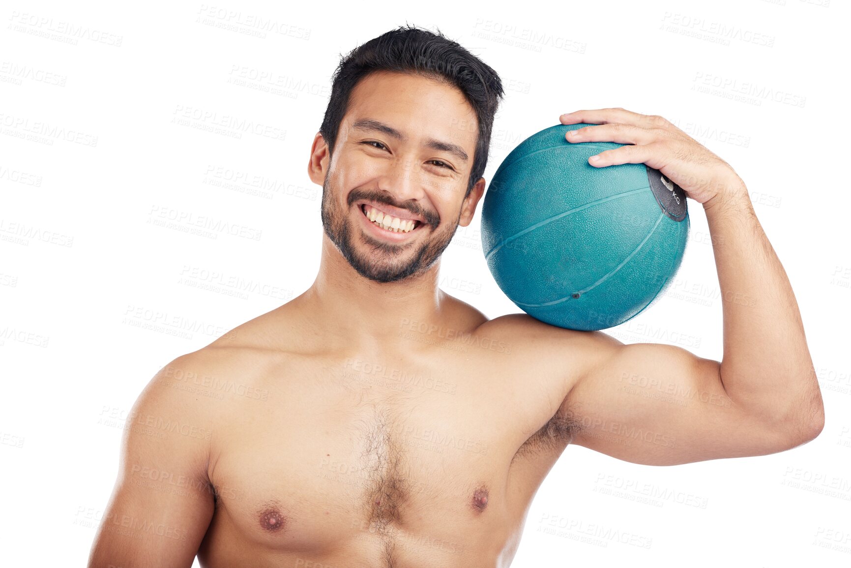 Buy stock photo Fitness, medicine ball and portrait of a man for exercise with smile for wellness, muscle and training. Asian male bodybuilder workout for health or sports isolated on a transparent, png background