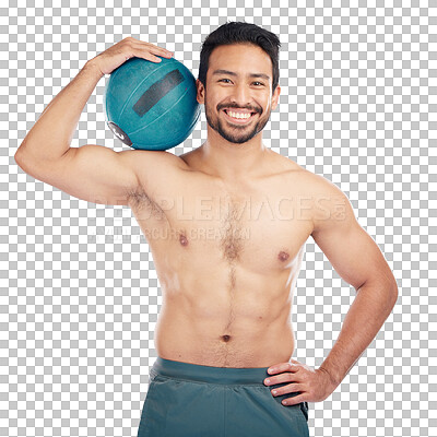 Buy stock photo Man, body portrait or medicine ball for cardio fitness workout, training or exercise for muscle growth. Smile, happy and a bodybuilder with weight motivation isolated on a transparent png background