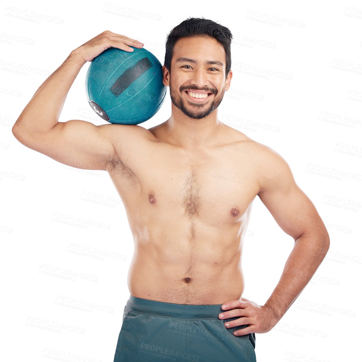 Buy stock photo Man, body portrait or medicine ball for cardio fitness workout, training or exercise for muscle growth. Smile, happy and a bodybuilder with weight motivation isolated on a transparent png background