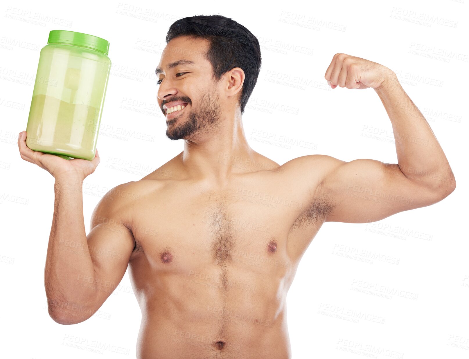 Buy stock photo Protein shake, bottle and strong man for fitness, muscle and bodybuilder diet, gym and training. Asian person, energy drink and sports or exercise nutrition isolated on transparent, png background