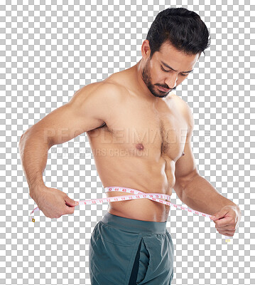 Buy stock photo Man, body or measuring tape on waist for weight loss management, fat control or bmi. Fitness, wellness and male model or sports athlete with a tape measure isolated by a transparent png background.