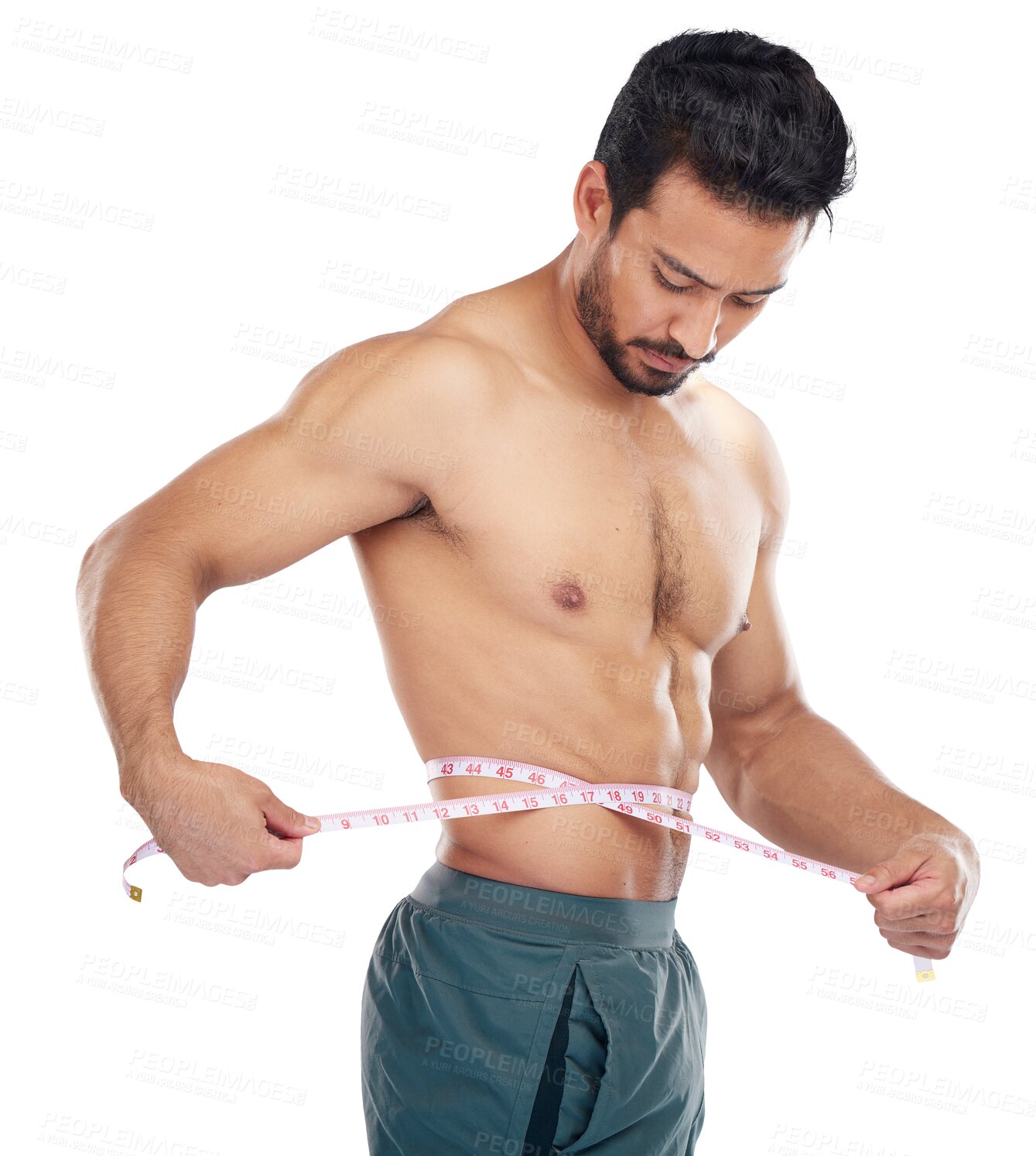 Buy stock photo Man, body or measuring tape on waist for weight loss management, fat control or bmi. Fitness, wellness and male model or sports athlete with a tape measure isolated by a transparent png background.