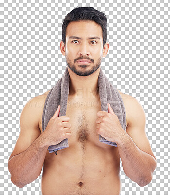 Buy stock photo Portrait, fitness and man with a towel isolated on a transparent background for health or wellness. Body, exercise and hygiene with a shirtless young male athlete on PNG for a shower or cleaning