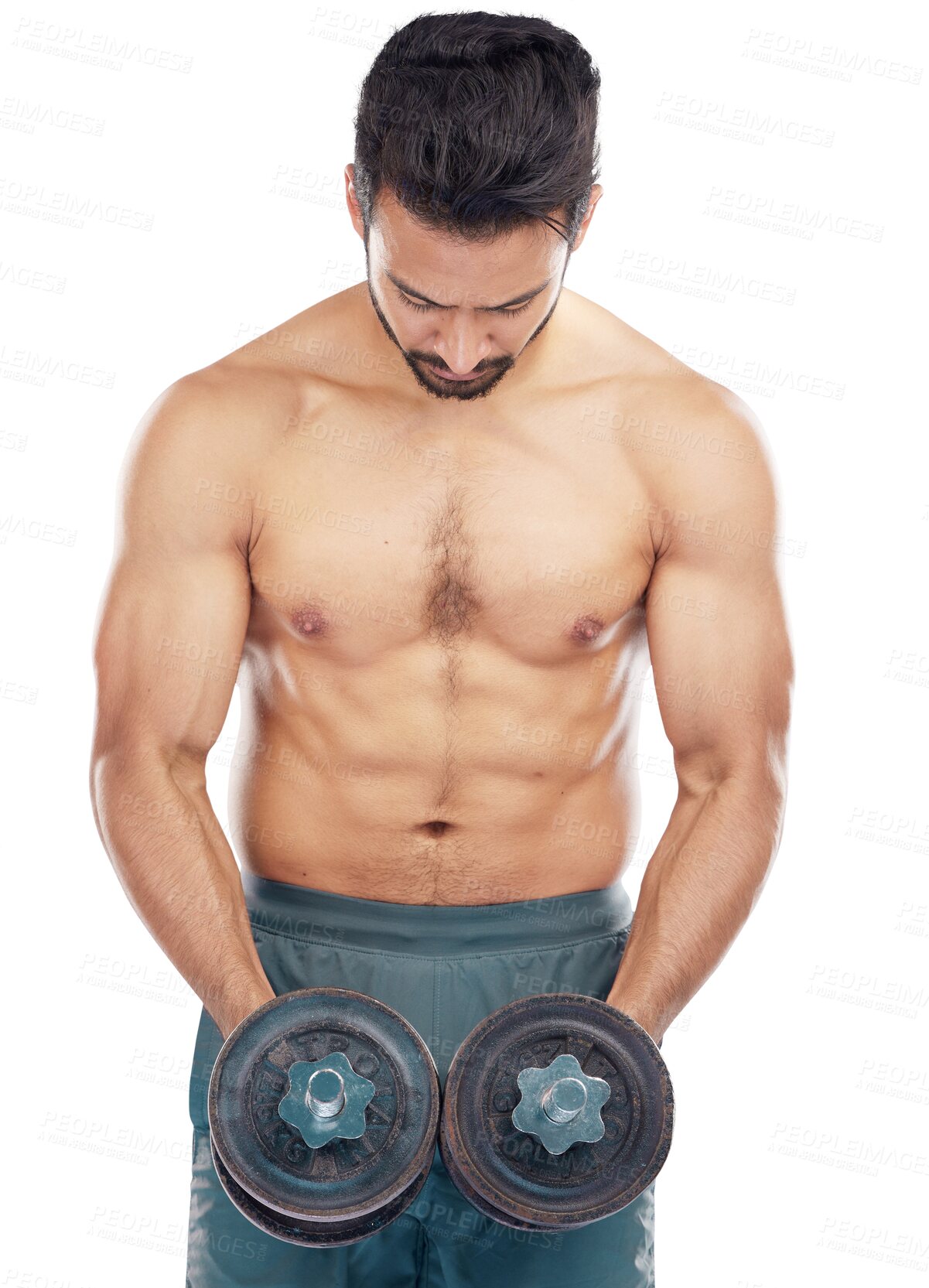 Buy stock photo Power, fitness and dumbbells with a bodybuilder man isolated on a transparent background for health or wellness. Exercise, weight or muscular with a strong male athlete on PNG for a training workout