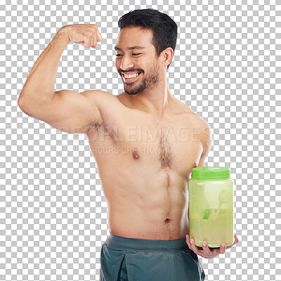 Buy stock photo Fitness, man and protein powder for muscle, diet and lose weight goals isolated on transparent png background. Strong, fist and athlete, bodybuilder or sports person with supplement bottle for energy