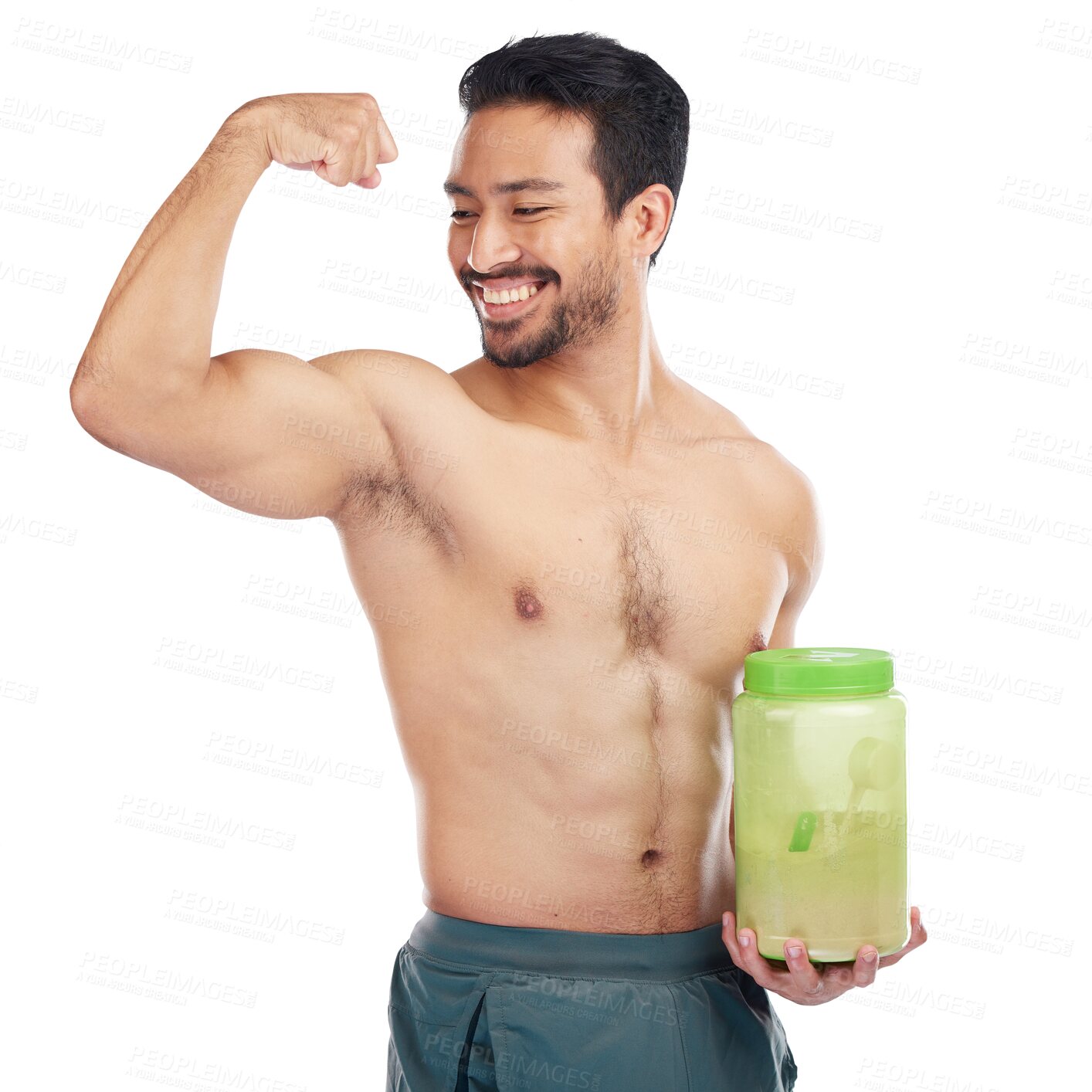 Buy stock photo Fitness, man and protein powder for muscle, diet and lose weight goals isolated on transparent png background. Strong, fist and athlete, bodybuilder or sports person with supplement bottle for energy