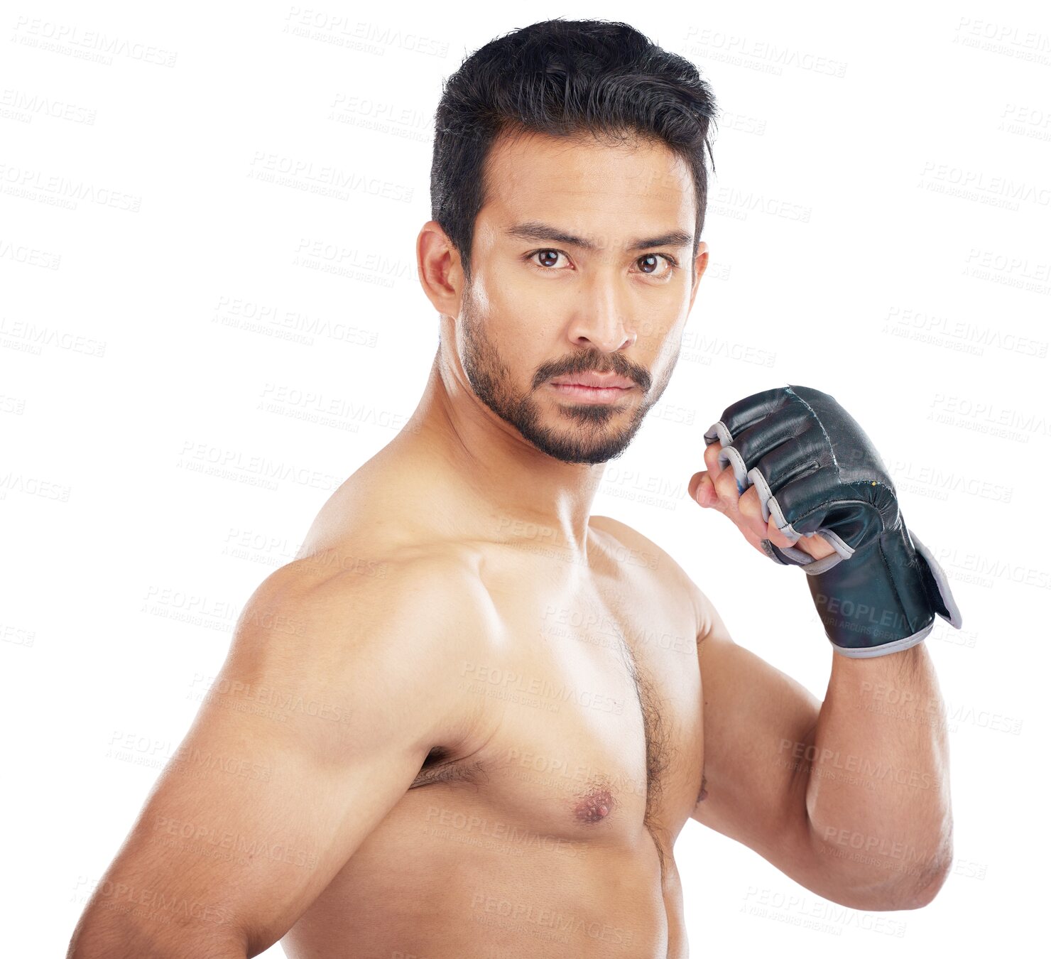 Buy stock photo Man, fight and portrait boxing or MMA, martial arts and muscle training isolated on transparent png background. Strong, focus face and fist of athlete, sports and asian person, gym fitness and power