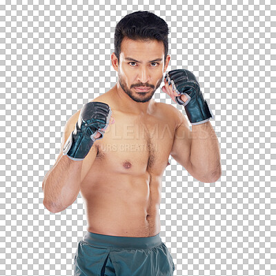 Buy stock photo Man, fitness portrait and boxing or MMA, martial arts and body training isolated on transparent png background. Fight, focus and fist of athlete, sports model or asian person, gym workout or exercise