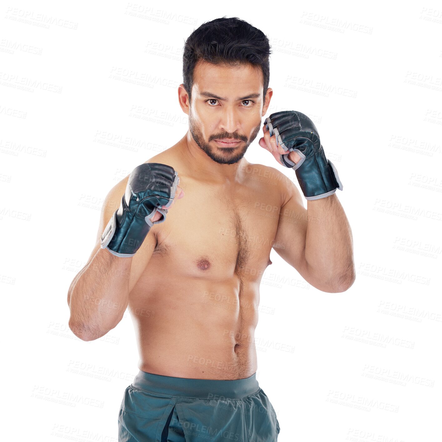 Buy stock photo Man, fitness portrait and boxing or MMA, martial arts and body training isolated on transparent png background. Fight, focus and fist of athlete, sports model or asian person, gym workout or exercise