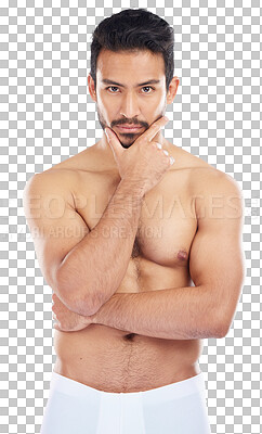 Buy stock photo Fitness, portrait and man is serious about exercise and body goals isolated on transparent png background. Wellness, face and healthy male model, training shirtless with muscle, strong and workout