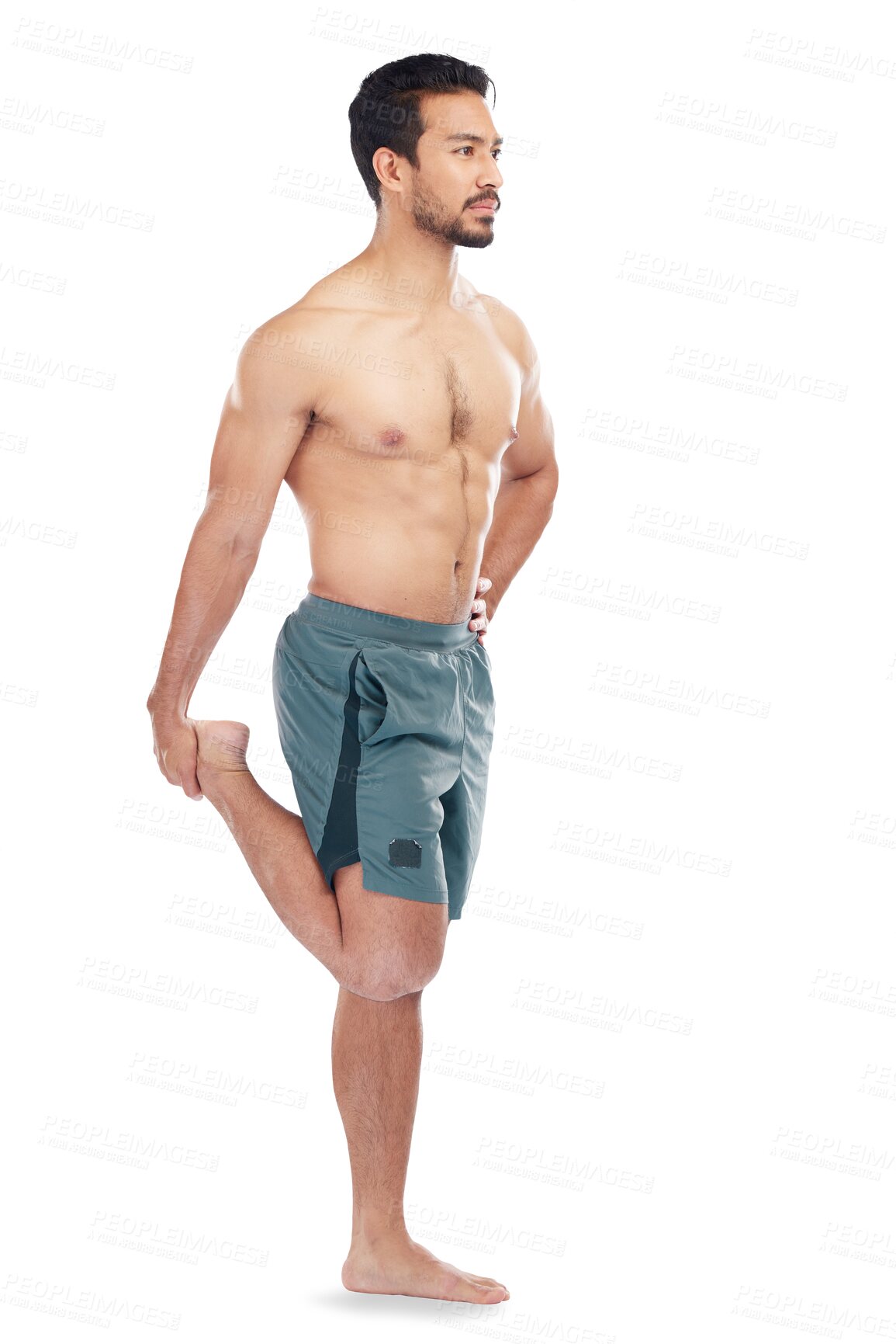 Buy stock photo Fitness, thinking and man stretching legs isolated on a transparent png background. Sports, body wellness and young male athlete with a warm up idea and preparing for workout, exercise and training