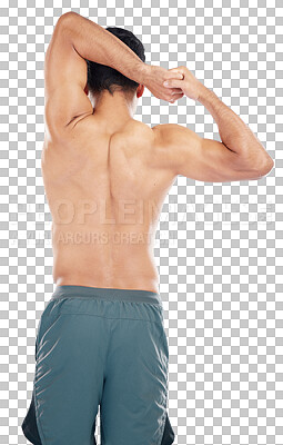 Man, fitness stretching and back view for muscle wellness, body