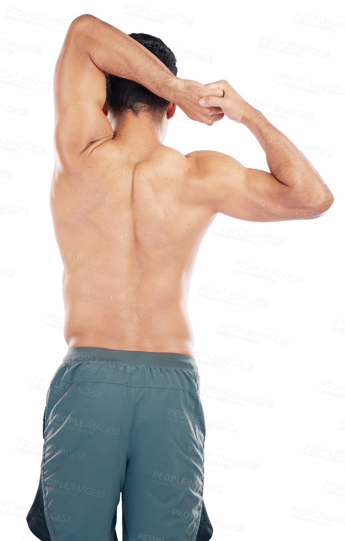 Buy stock photo Man, stretching arms and fitness workout, back view of athlete in gym isolated on transparent png background. Sports, male bodybuilder and exercise warm up with training and shirtless with muscle