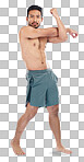 Man, body or stretching arms on studio background in workout ten