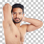 Man, body or stretching arms on studio background in workout ten