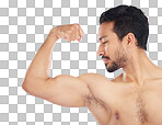 Asian man, body of bicep flex on studio background in studio for