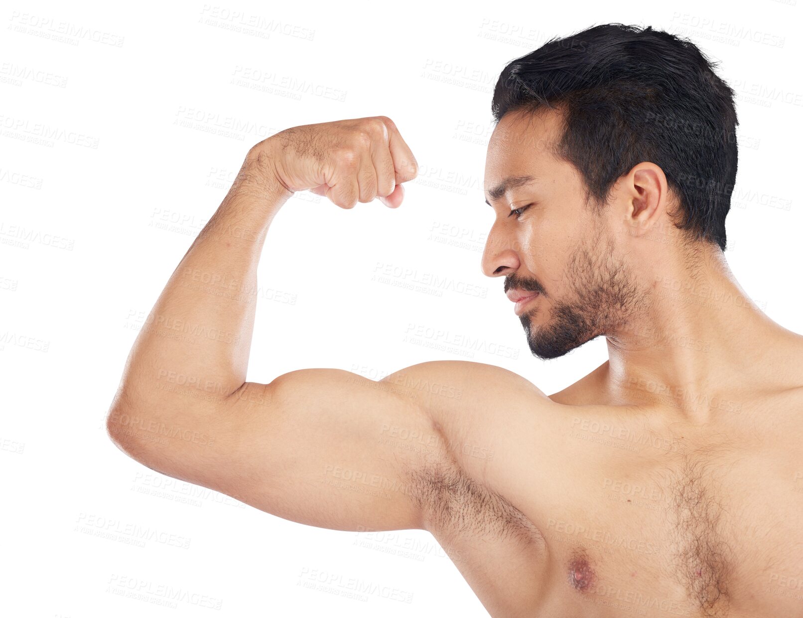 Buy stock photo Bicep flex, fitness and body or muscles with asian man in png or isolated and transparent background. Bodybuilder, progress and arm with male person for wellness or workout or exercise in sports.