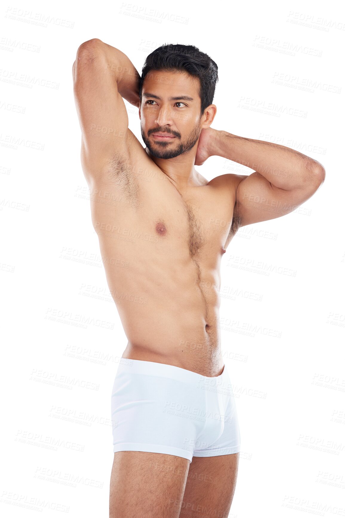 Buy stock photo Thinking, underwear or man with training, body or png with muscle goals isolated against a transparent background. Male person, bodybuilding or model with workout, wellness or healthy with a decision