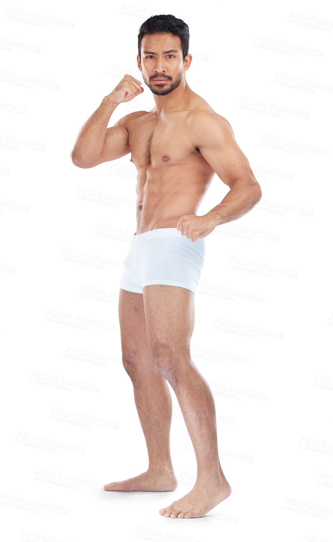 Buy stock photo Fighter, underwear or portrait of man in martial arts, exercise or training workout isolated on png background. Healthy person, full body or topless sports athlete ready to start mma battle or boxing