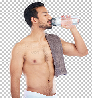 Buy stock photo Man drinking water, fitness and health, shirtless and bodybuilding with hydration on transparent png background. Wellness, healthy and male model with h2o drink, liquid in bottle and exercise at gym