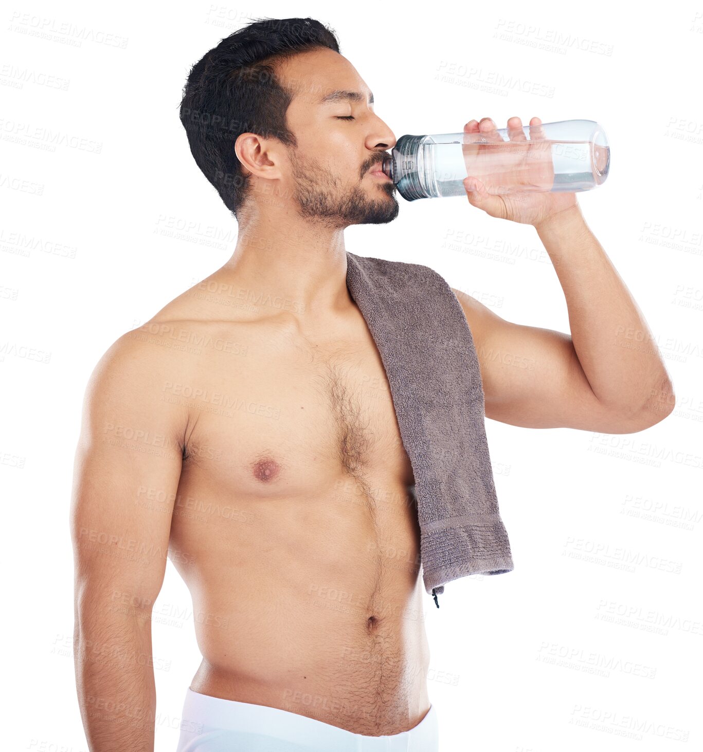 Buy stock photo Man drinking water, fitness and health, shirtless and bodybuilding with hydration on transparent png background. Wellness, healthy and male model with h2o drink, liquid in bottle and exercise at gym