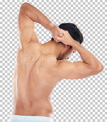 Man, body or stretching back muscles on blue background in studi