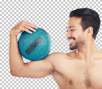 Face, fitness and man with medicine ball for exercise and health in studio on a blue background. Sports, training and happy male athlete with ball weight for strength, exercising and muscle power.