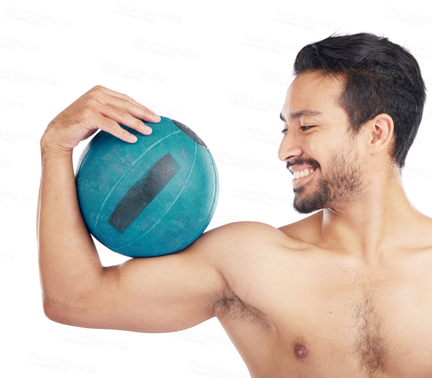 Buy stock photo Smile, fitness and man with medicine ball for exercise isolated on a transparent png background. Sports, training and happy athlete with weight for bodybuilding, strong muscle and workout for power