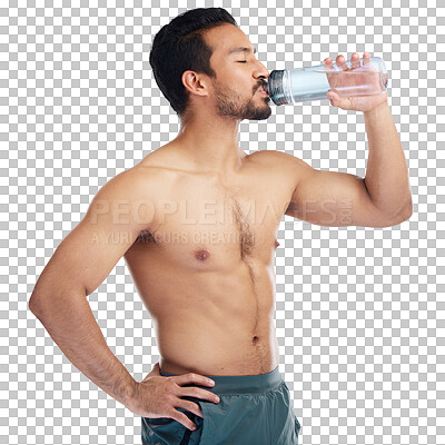 Buy stock photo Man, fitness and drinking water for health after training, workout or exercise isolated on a transparent PNG background. Fit male person with drink bottle in motivation, weight loss or tired on break