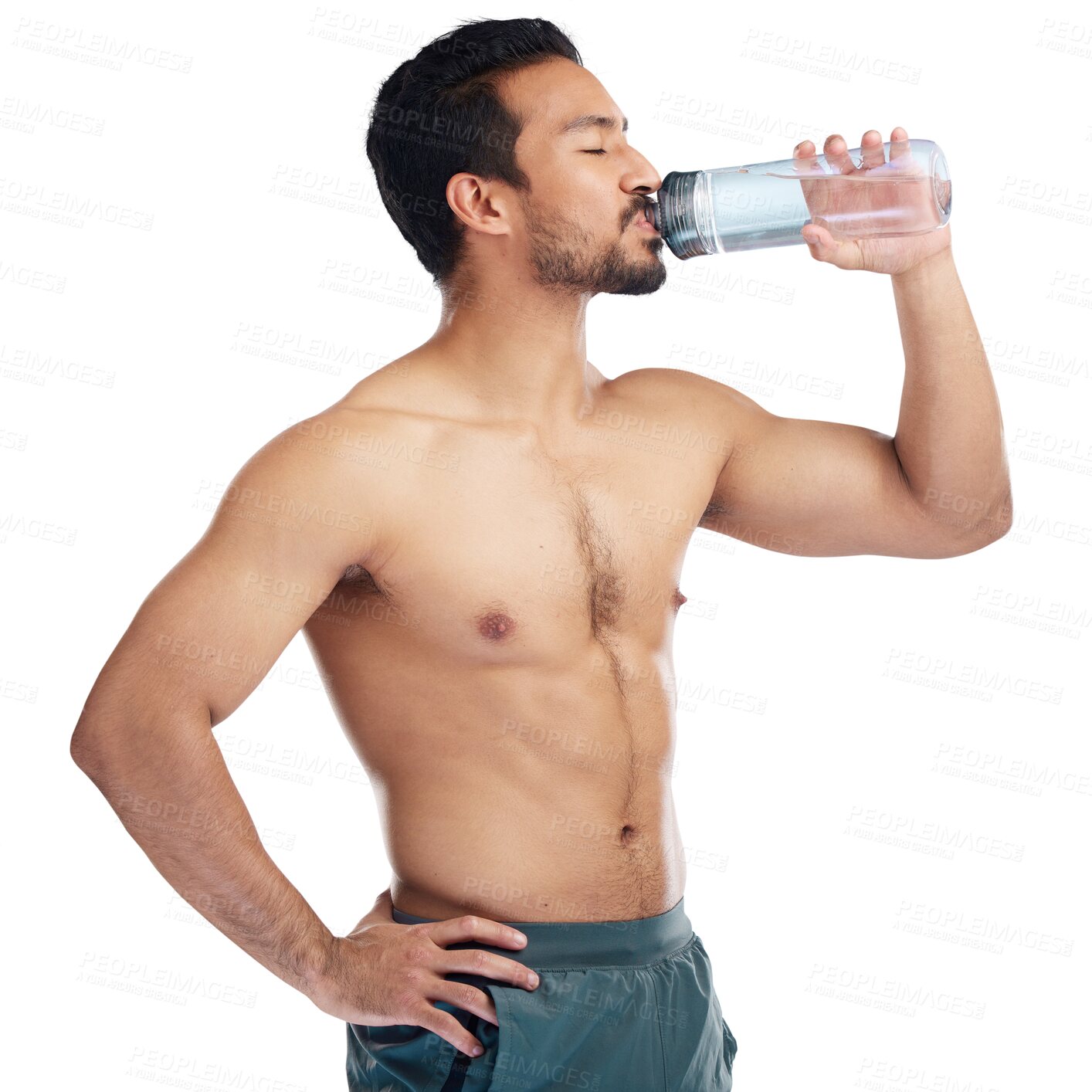 Buy stock photo Man, fitness and drinking water for health after training, workout or exercise isolated on a transparent PNG background. Fit male person with drink bottle in motivation, weight loss or tired on break