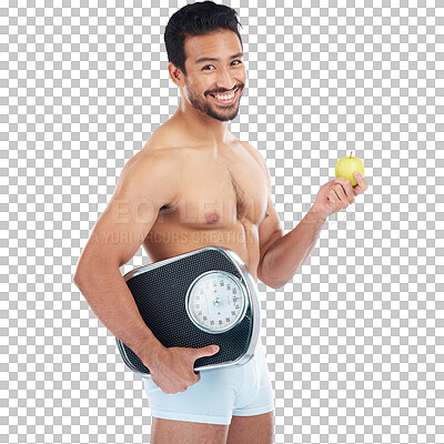 Buy stock photo Portrait, fitness or happy man with apple, scale or healthy diet and body isolated on transparent png background. Weight loss, smile or Asian person with fruit for nutrition, vitamin c or wellness