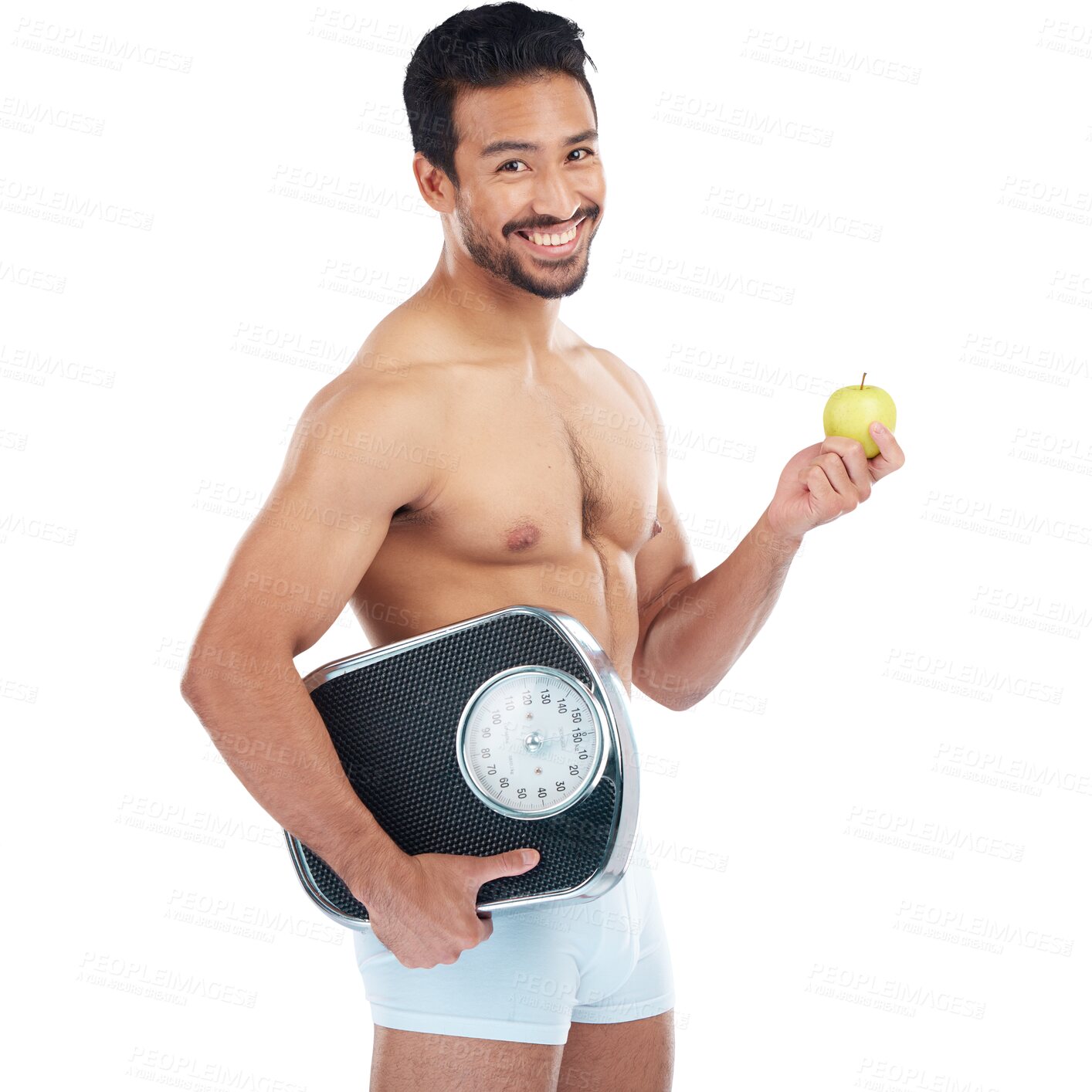 Buy stock photo Portrait, fitness or happy man with apple, scale or healthy diet and body isolated on transparent png background. Weight loss, smile or Asian person with fruit for nutrition, vitamin c or wellness