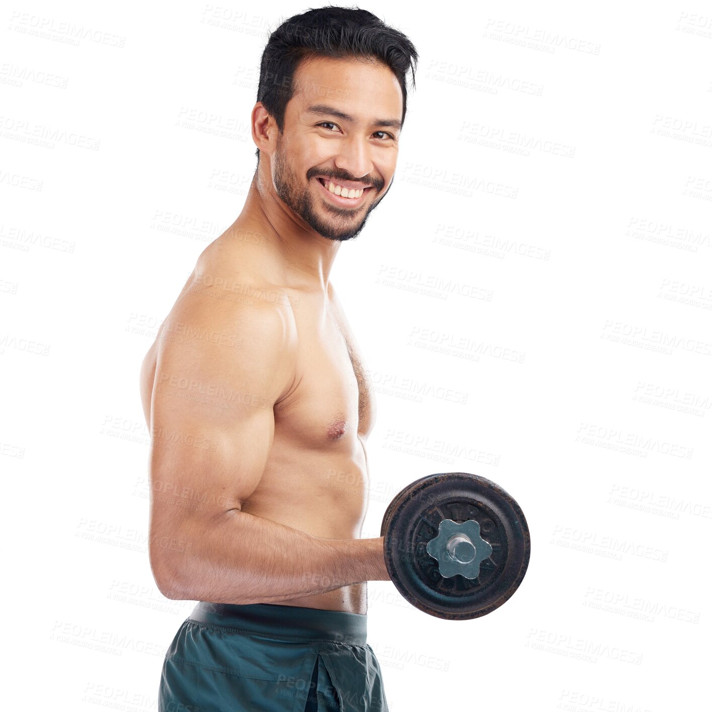 Buy stock photo Portrait, smile and dumbbells with bodybuilder man isolated on a transparent background for health or wellness. Exercise, lifting weights or muscle with a happy athlete on PNG for a training workout