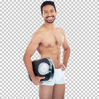 Buy stock photo Fitness, underwear or happy man with weight scale isolated on transparent png background in body training. Smile, wellness or topless male athlete ready to start exercise, workout or weight loss