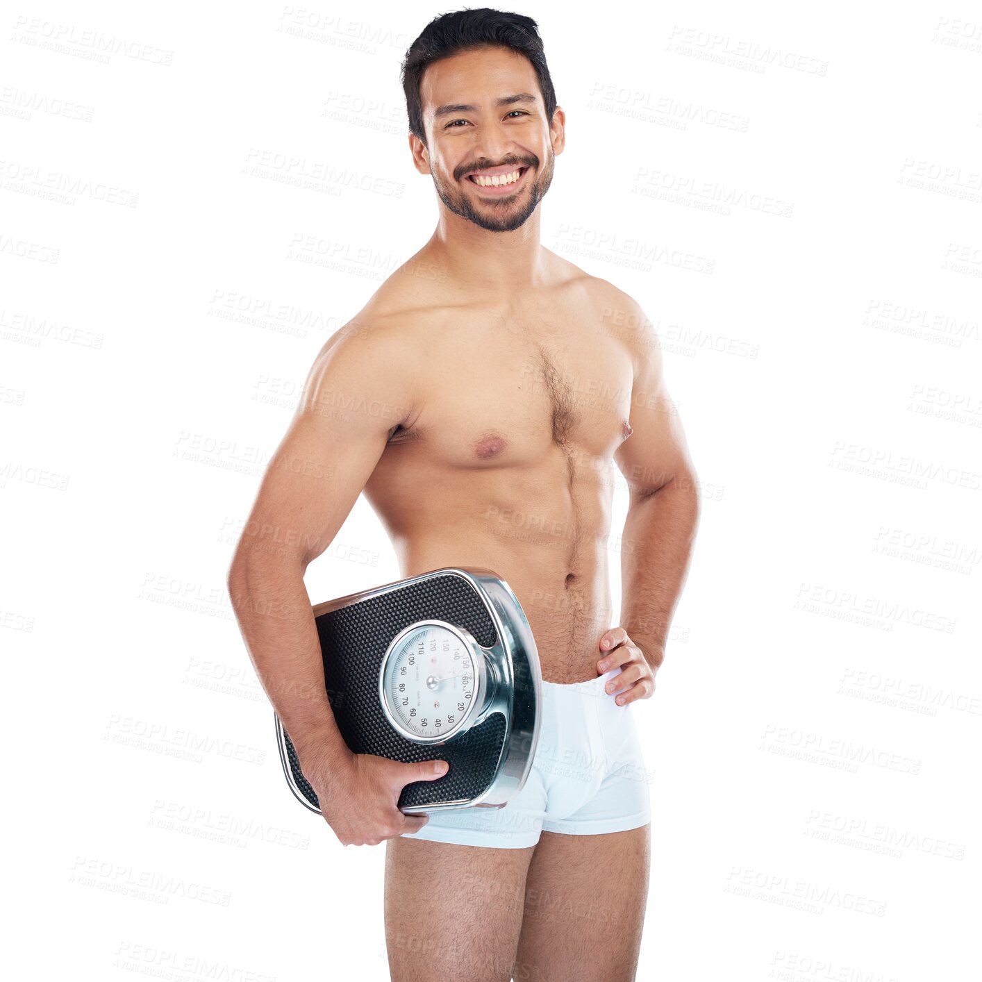 Buy stock photo Fitness, underwear or happy man with weight scale isolated on transparent png background in body training. Smile, wellness or topless male athlete ready to start exercise, workout or weight loss