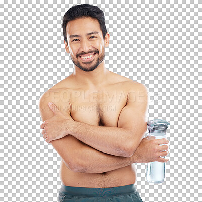 Buy stock photo Fitness, portrait and man with a water bottle for hydration, health or wellness after a exercise. Healthy drink, diet and shirtless male model with crossed arms isolated by transparent png background