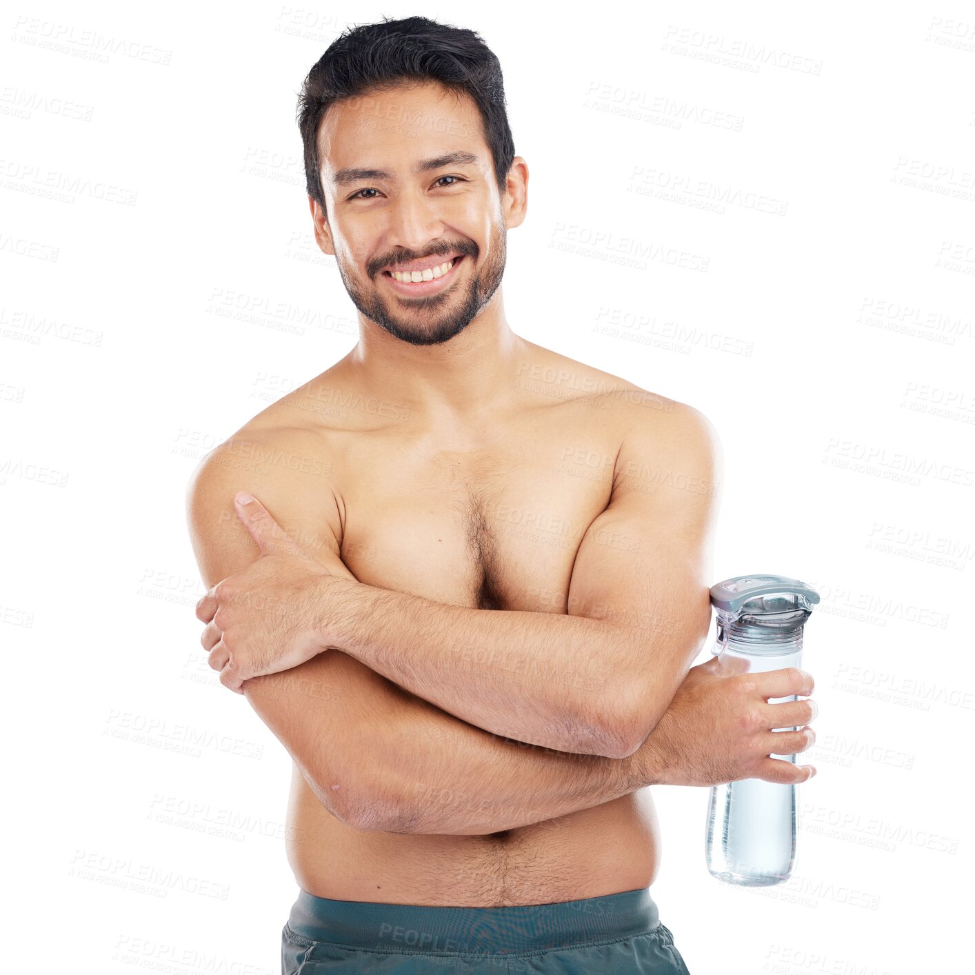 Buy stock photo Fitness, portrait and man with a water bottle for hydration, health or wellness after a exercise. Healthy drink, diet and shirtless male model with crossed arms isolated by transparent png background