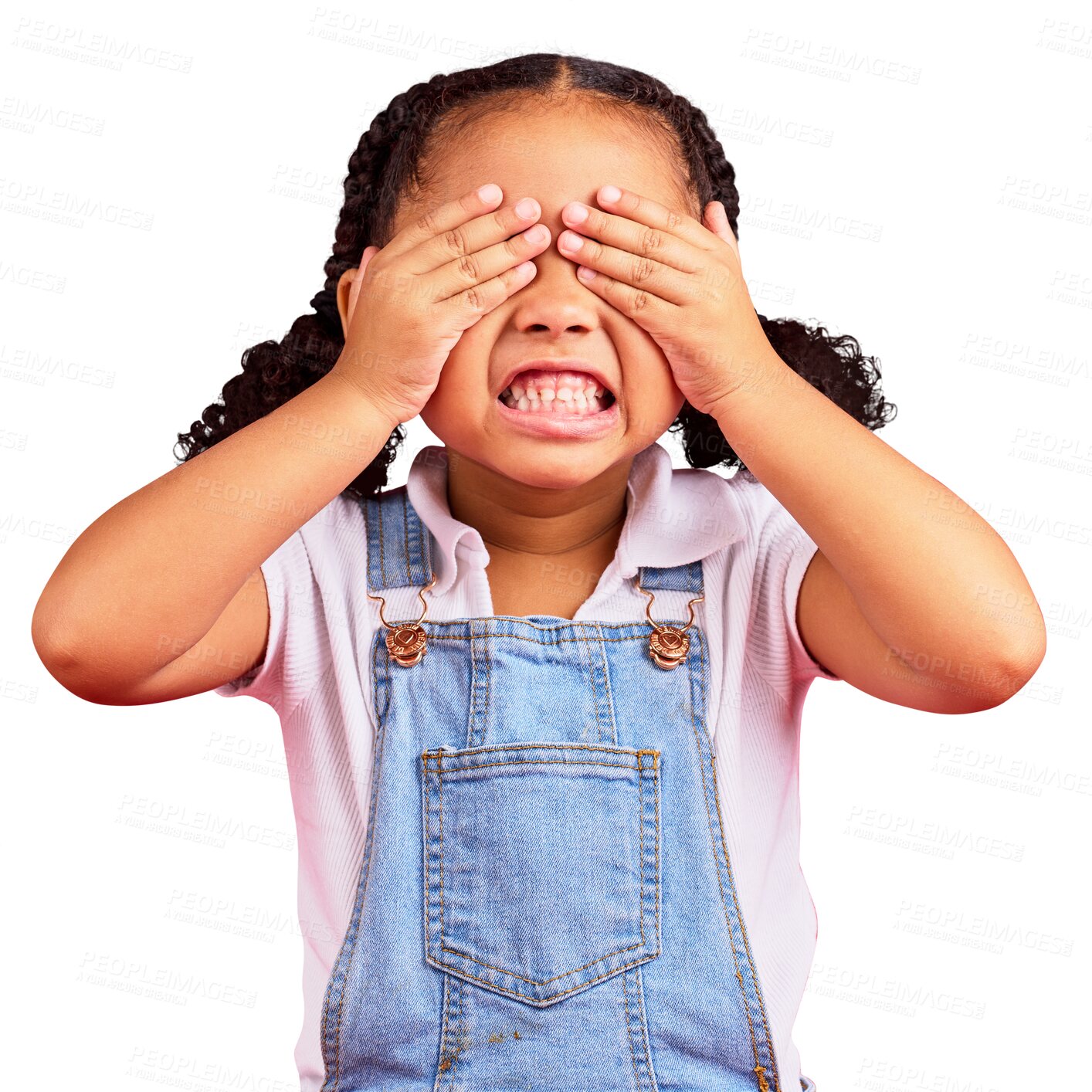Buy stock photo Child, hands and eyes cover with angry, mad or stubborn facial expression. Girl, kid and youth hiding face in tantrum, autism or adhd isolated on a transparent png background for a behavior problem