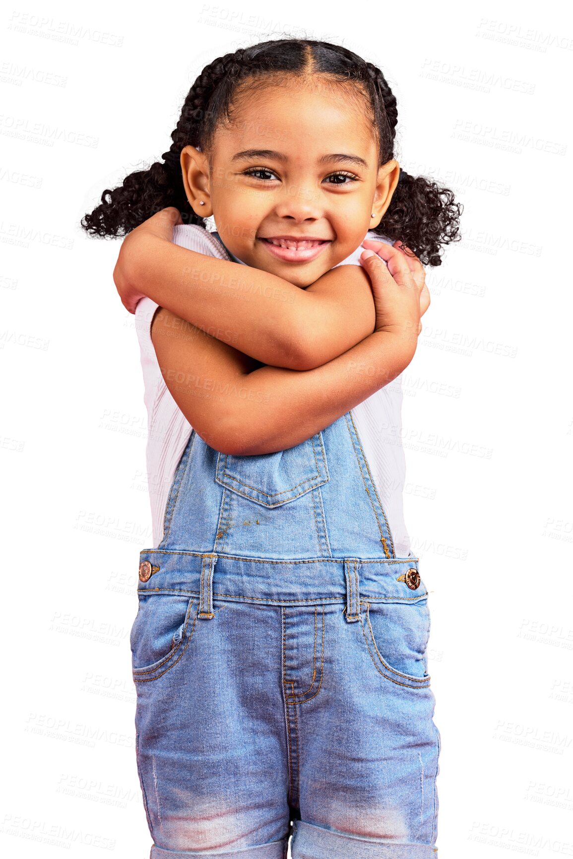 Buy stock photo Portrait, hug and girl in studio for self love, care and loving gesture isolated on a transparent png background. Youth, child and happy, pride and a toddler embracing, confident and playing