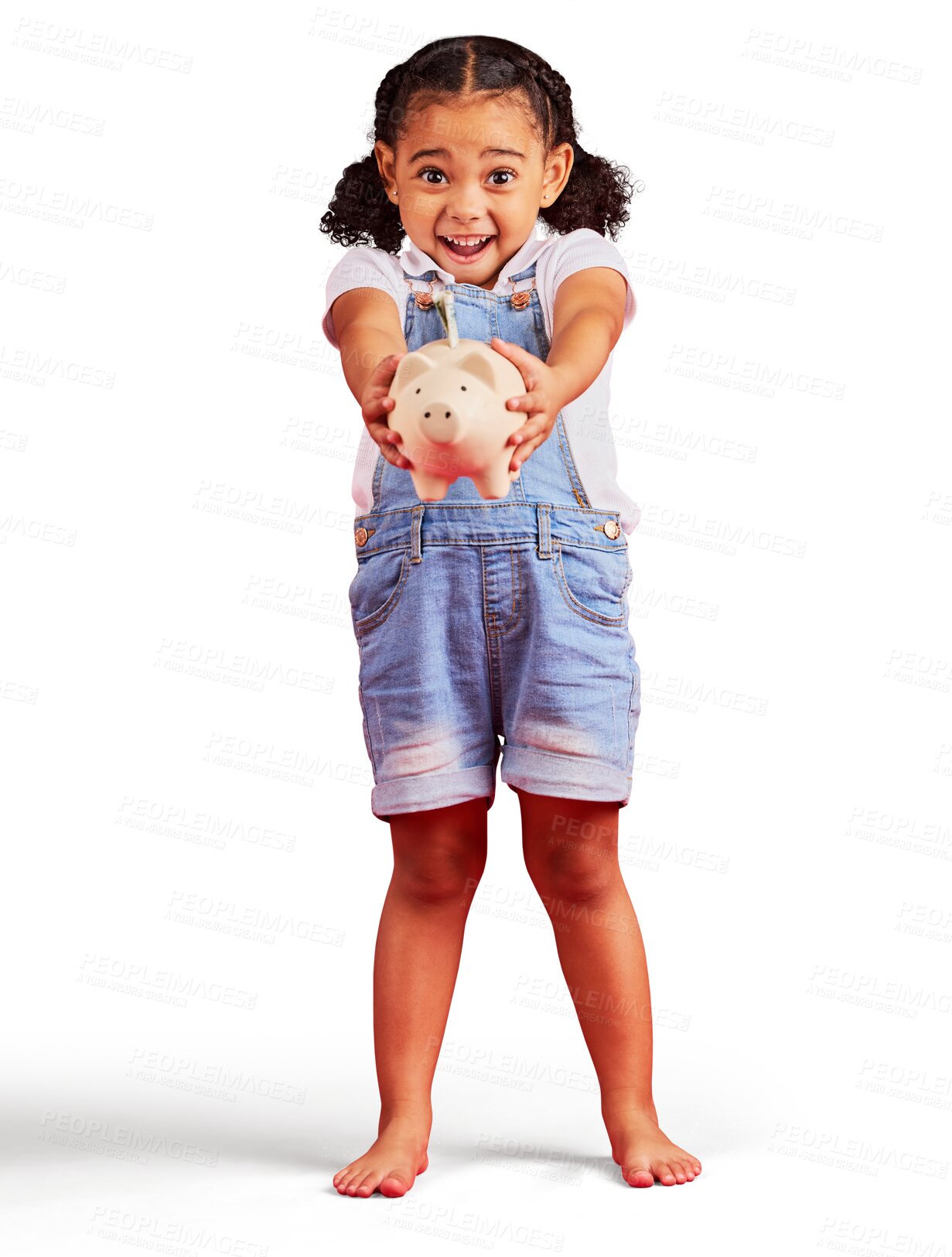 Buy stock photo Excited, portrait or girl with a piggy bank, money planning or savings isolated on a transparent background. Future, kid or female child with investment, smile or cash box with png, finance or budget