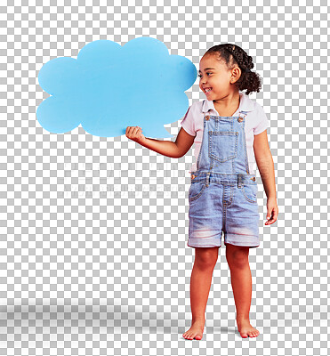 Buy stock photo Child, happy or speech bubble for ideas, opinion or news  space isolated on transparent, png background. Social media, kids FAQ and excited girl with blue cloud, paper or cardboard poster for chat