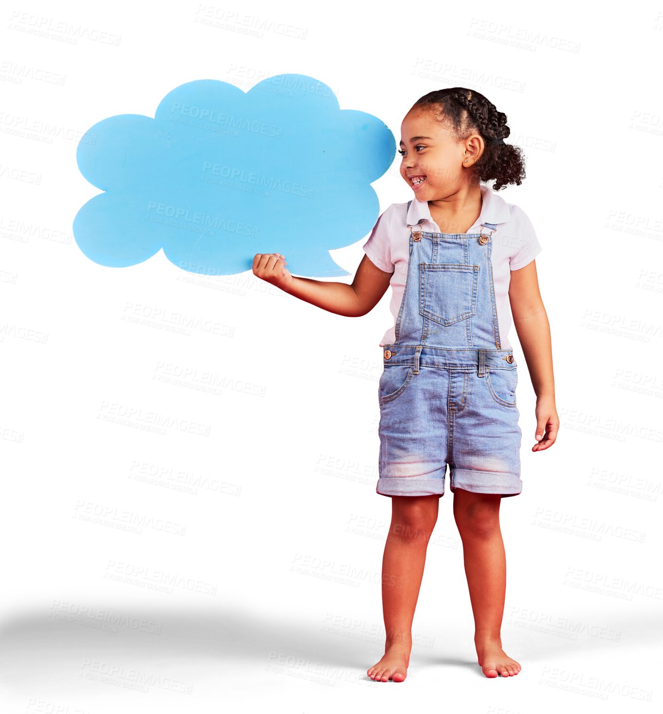 Buy stock photo Child, happy or speech bubble for ideas, opinion or news  space isolated on transparent, png background. Social media, kids FAQ and excited girl with blue cloud, paper or cardboard poster for chat