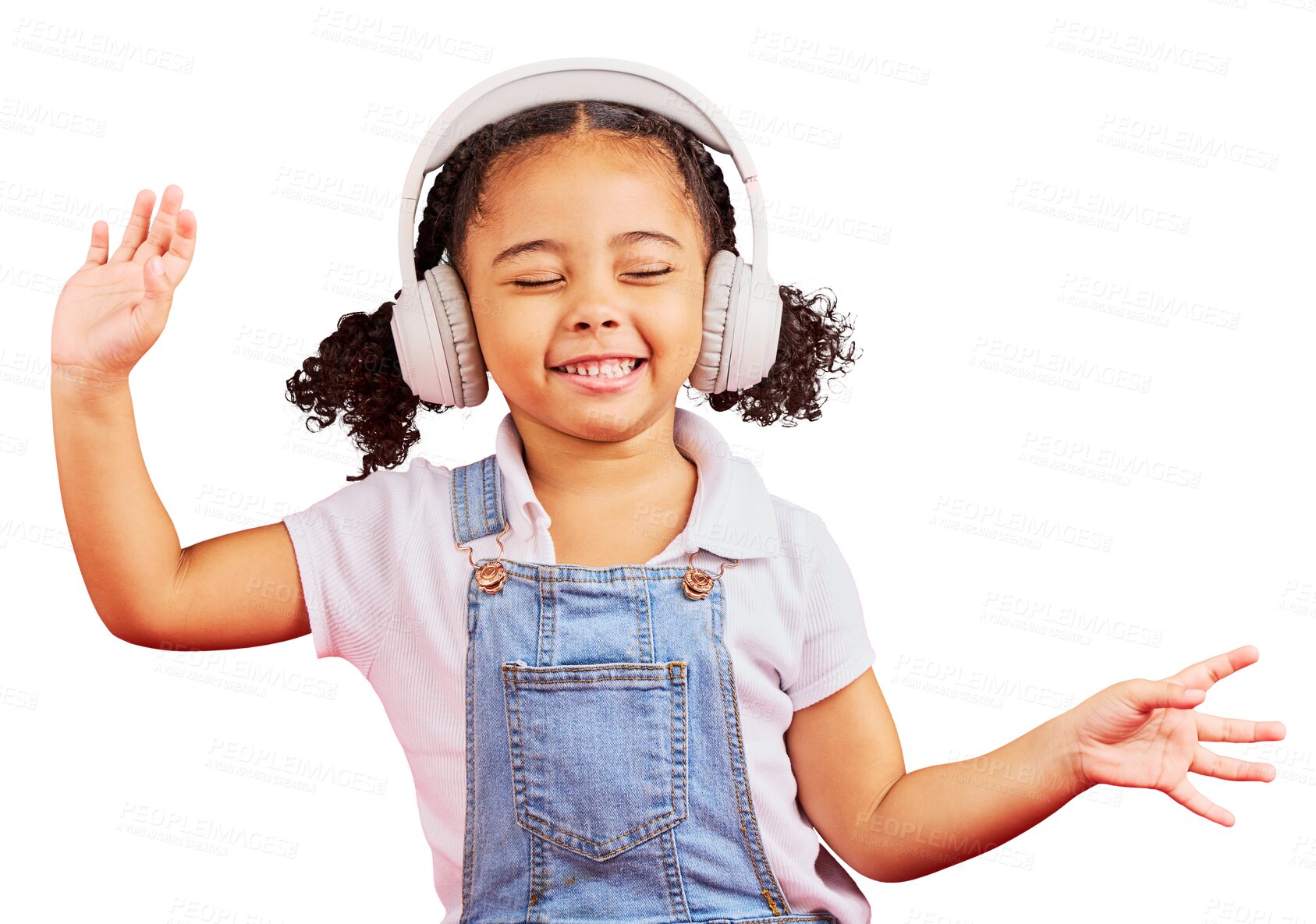 Buy stock photo Kid, smile and music headphones to dance isolated on a transparent png background. Radio, happy and African girl child listening while streaming sound, audio or podcast, media and hip hop with energy