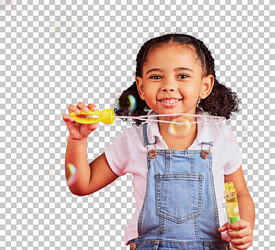 Buy stock photo Young girl, portrait and playing with bubbles, fun and happiness isolated on png transparent background. Kid activity, smile and female child is playful with toys, recreation and games with freedom