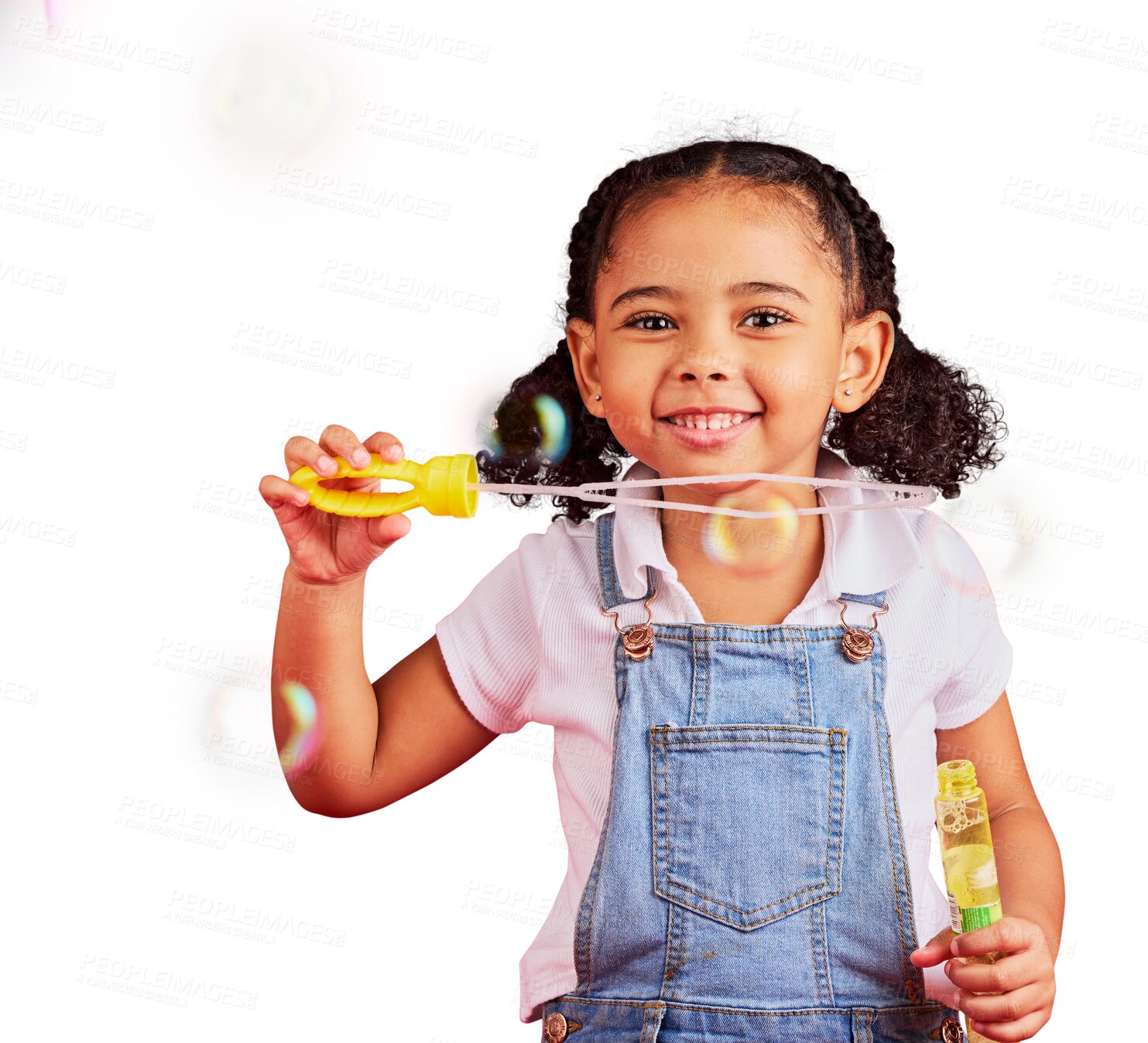 Buy stock photo Young girl, portrait and playing with bubbles, fun and happiness isolated on png transparent background. Kid activity, smile and female child is playful with toys, recreation and games with freedom