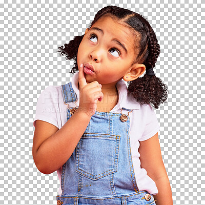 Buy stock photo Isolated girl kid, thinking and idea for problem solving, solution or mindset by transparent png background. Young student child, brain power and wonder for focus, memory or finger on chin for vision