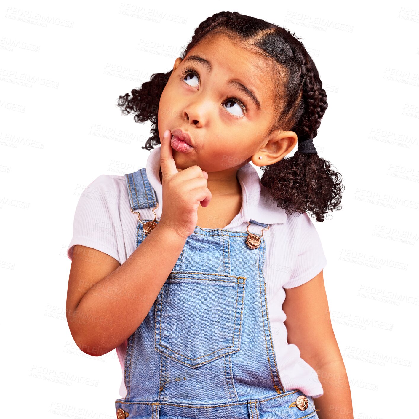 Buy stock photo Isolated girl kid, thinking and idea for problem solving, solution or mindset by transparent png background. Young student child, brain power and wonder for focus, memory or finger on chin for vision